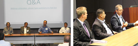 Panelists answer audience questions. At left: Lowe, Aralis, Emby and Li; at right: Saxton, Tabizon and Hornquist